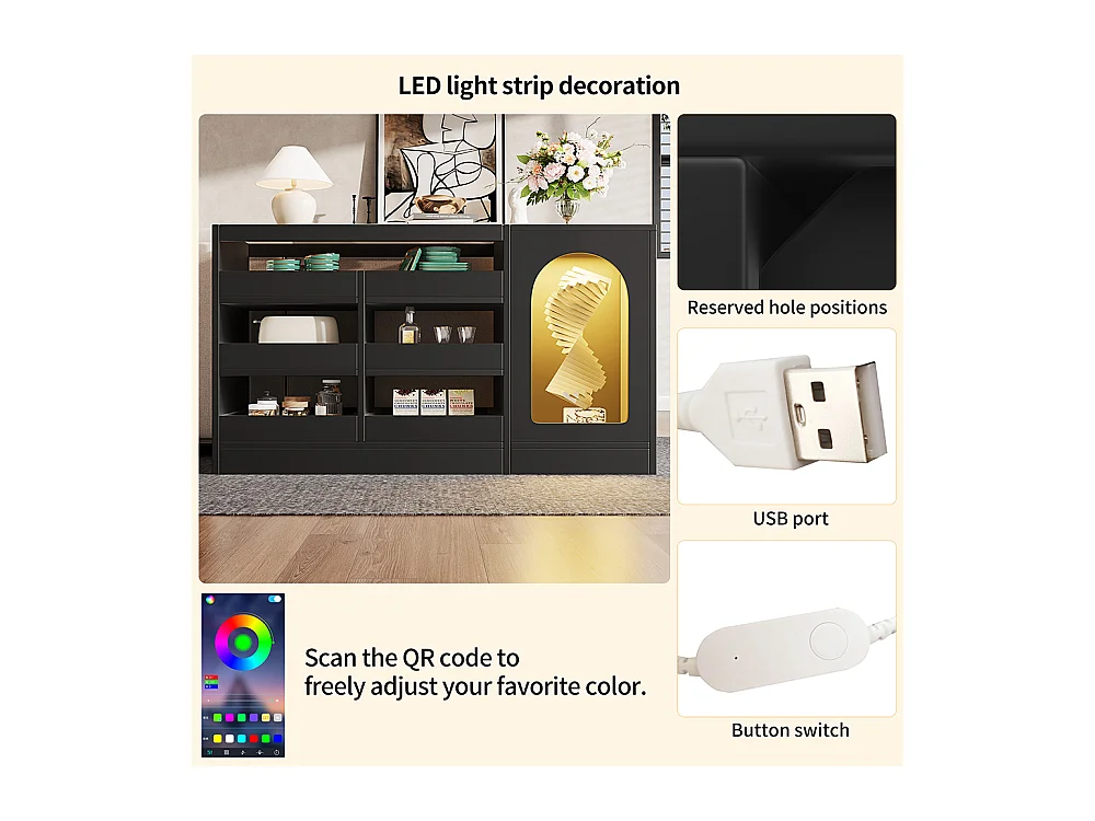 Buffet commode noir à 6 tiroirs simple et moderne avec éclairage LED pour salle à manger