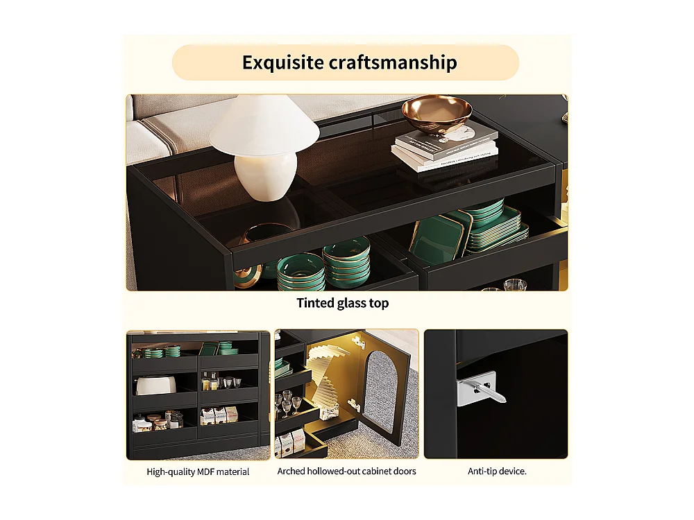 Buffet commode noir à 6 tiroirs simple et moderne avec éclairage LED pour salle à manger