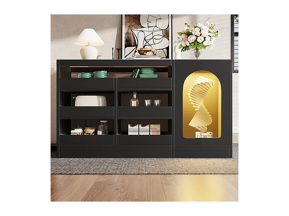 Buffet commode noir à 6 tiroirs simple et moderne avec éclairage LED pour salle à manger