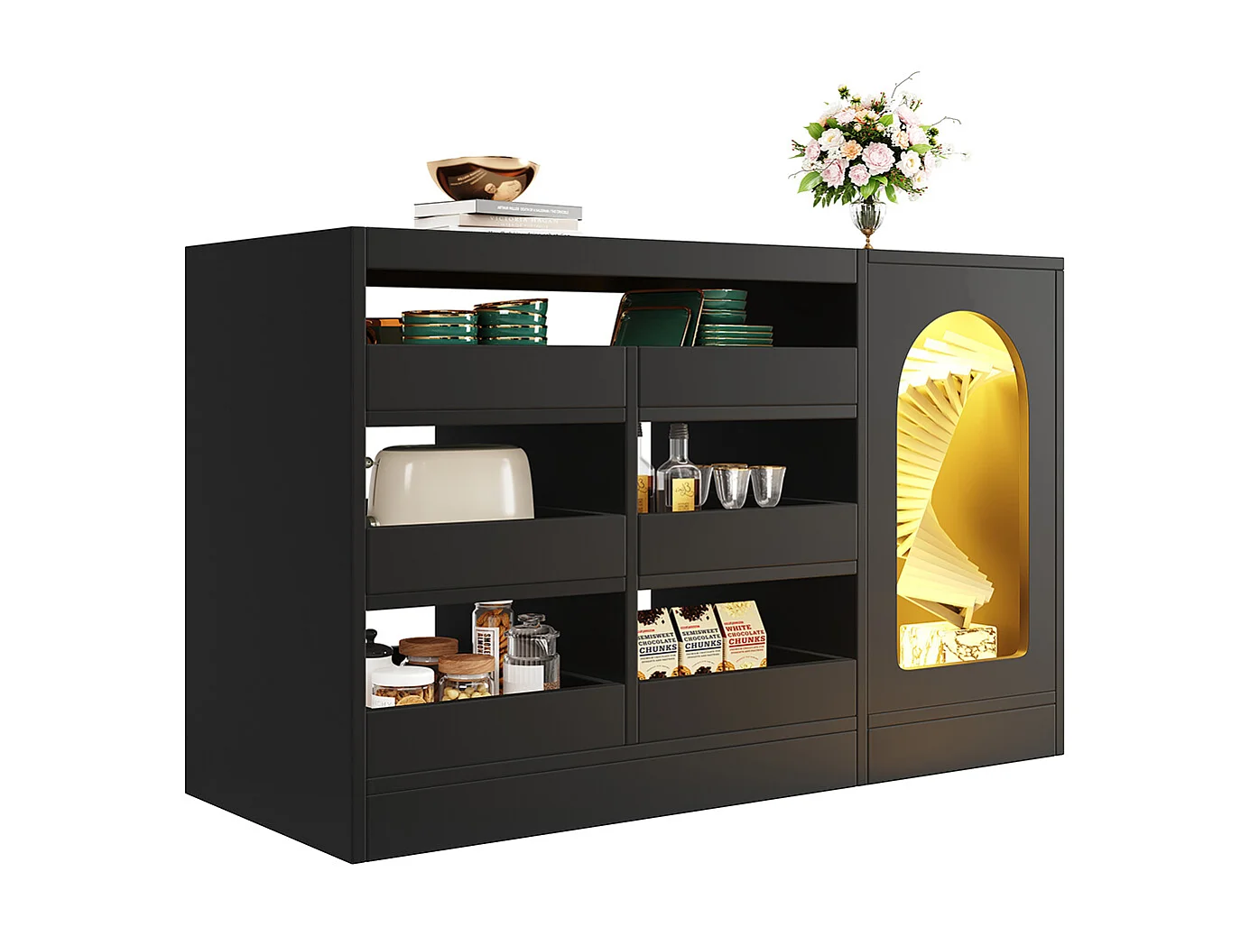 Buffet commode noir à 6 tiroirs simple et moderne avec éclairage LED pour salle à manger