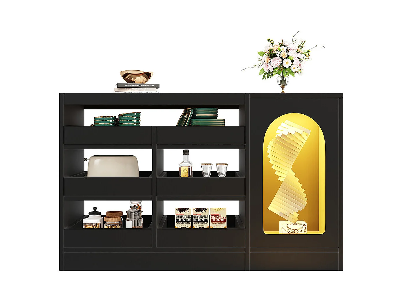 Buffet commode noir à 6 tiroirs simple et moderne avec éclairage LED pour salle à manger