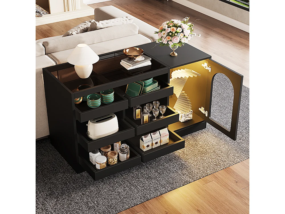 Buffet commode noir à 6 tiroirs simple et moderne avec éclairage LED pour salle à manger