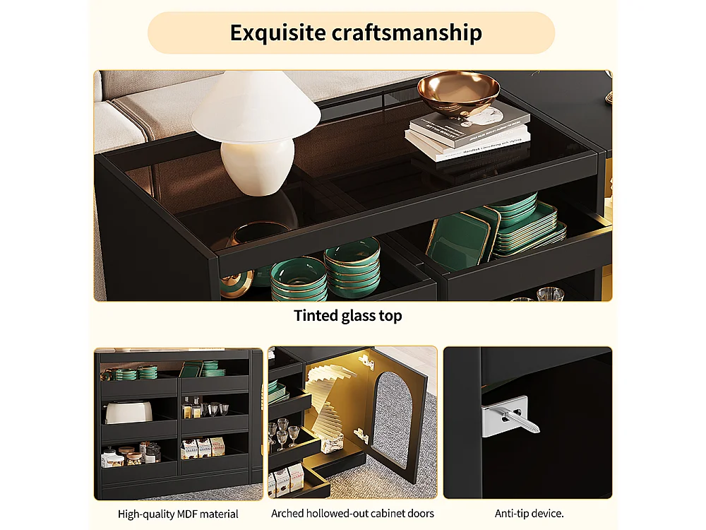 Buffet commode noir à 6 tiroirs simple et moderne avec éclairage LED pour salle à manger