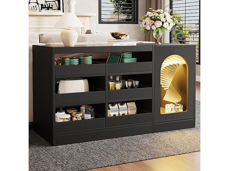 Buffet commode noir à 6 tiroirs simple et moderne avec éclairage LED pour salle à manger