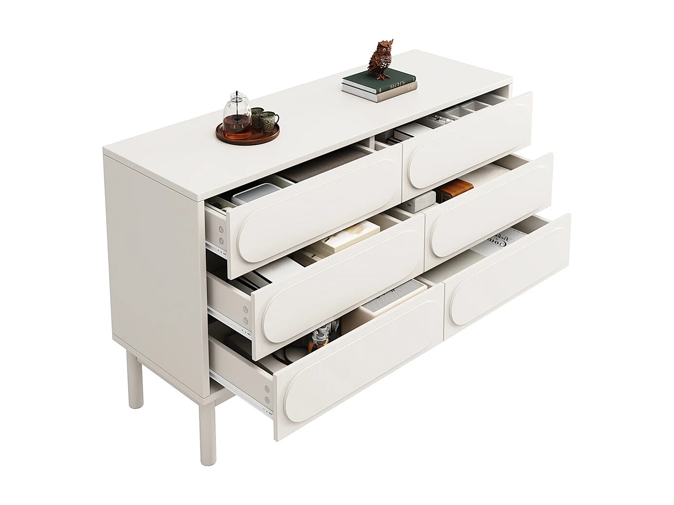 Buffet commode blanc à 6 tiroirs spacieux design tridimensionnel pieds réglables style moderne pour salle à manger