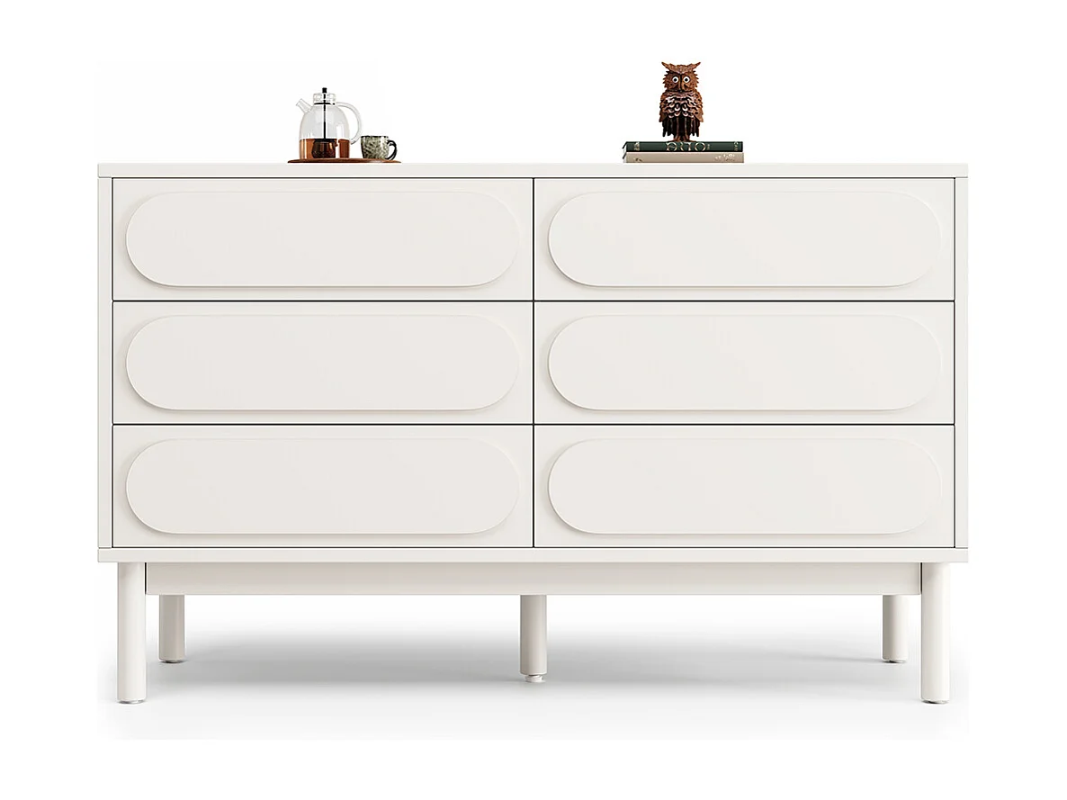 Buffet commode blanc à 6 tiroirs spacieux design tridimensionnel pieds réglables style moderne pour salle à manger