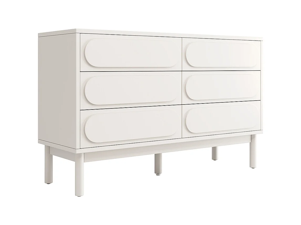 Buffet commode blanc à 6 tiroirs spacieux design tridimensionnel pieds réglables style moderne pour salle à manger