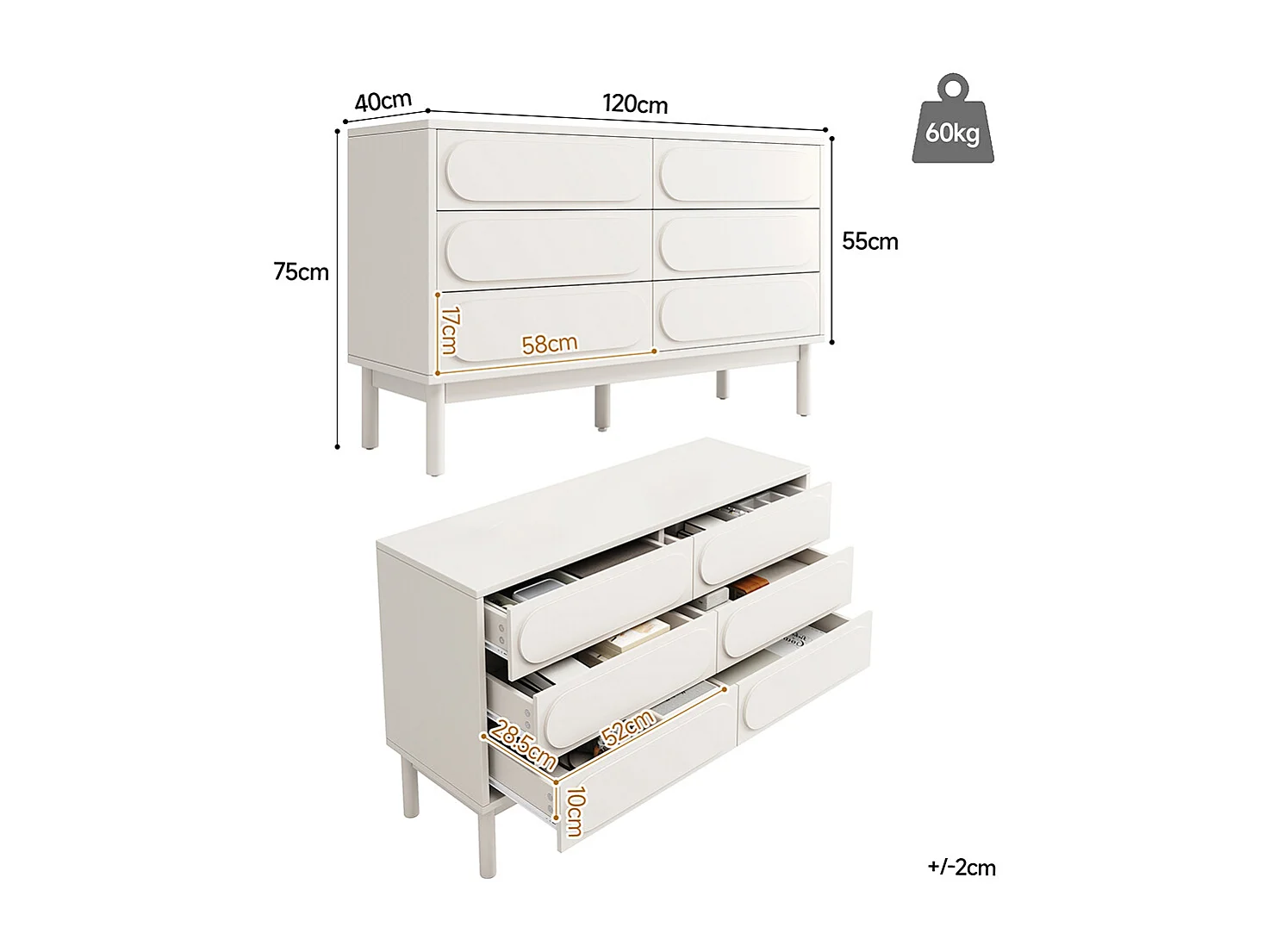 Buffet commode blanc à 6 tiroirs spacieux design tridimensionnel pieds réglables style moderne pour salle à manger