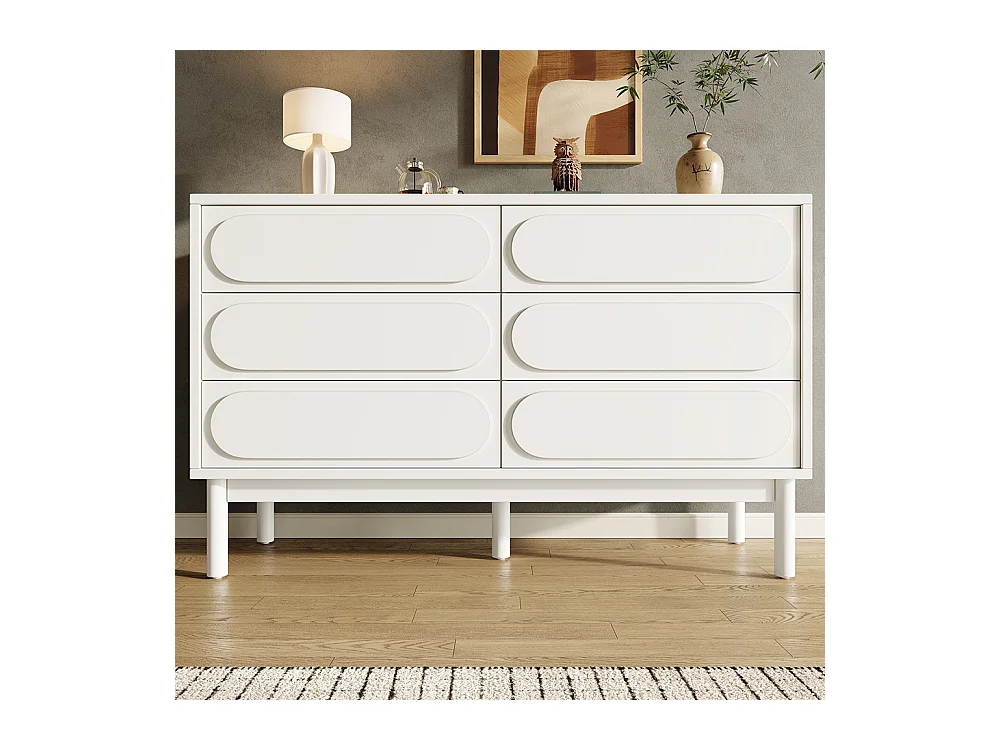 Buffet commode blanc à 6 tiroirs spacieux design tridimensionnel pieds réglables style moderne pour salle à manger