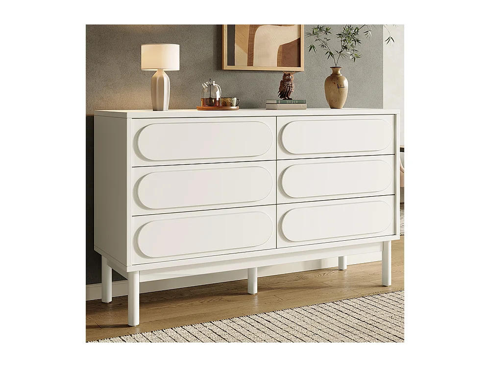Buffet commode blanc à 6 tiroirs spacieux design tridimensionnel pieds réglables style moderne pour salle à manger