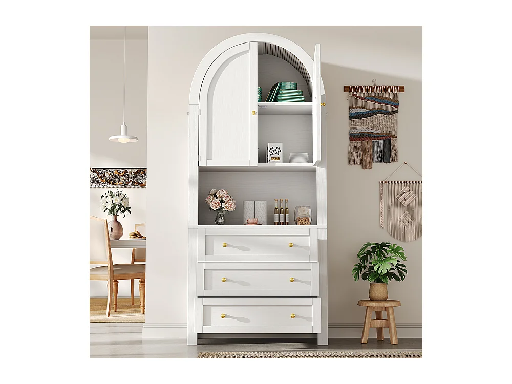 Buffet haut blanc avec tiroirs et portes étagères courbées espace d’exposition ouvert meuble de rangement indépendant moderne
