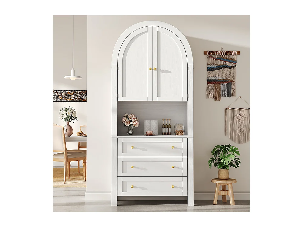 Buffet haut blanc avec tiroirs et portes étagères courbées espace d’exposition ouvert meuble de rangement indépendant moderne