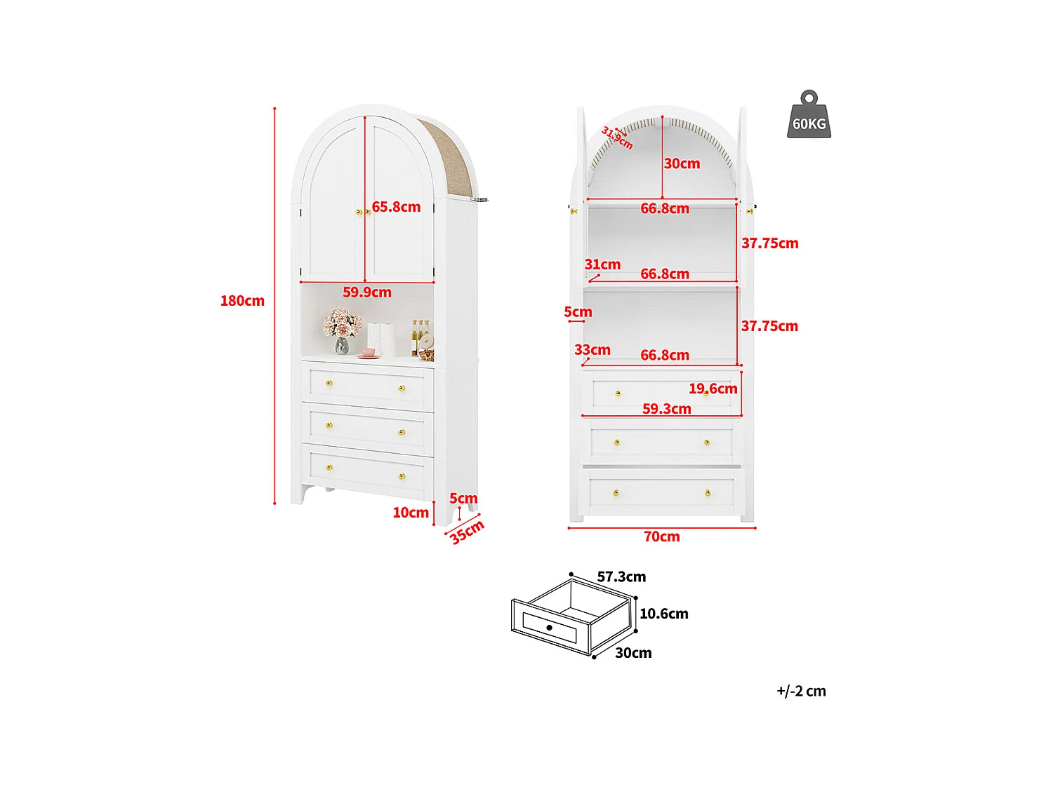 Buffet haut blanc avec tiroirs et portes étagères courbées espace d’exposition ouvert meuble de rangement indépendant moderne