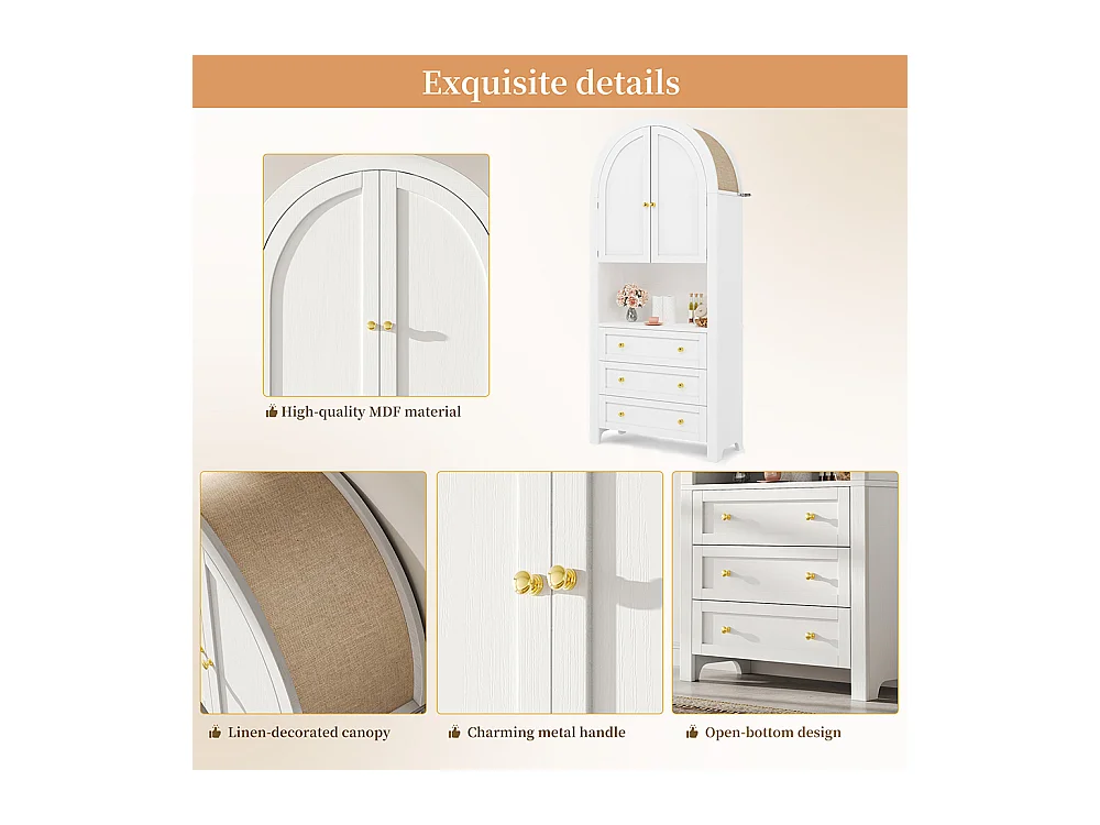 Buffet haut blanc avec tiroirs et portes étagères courbées espace d’exposition ouvert meuble de rangement indépendant moderne