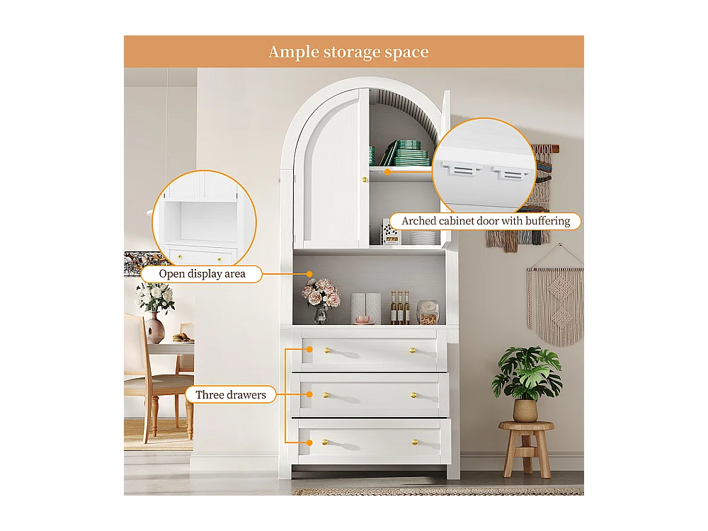 Buffet haut blanc avec tiroirs et portes étagères courbées espace d’exposition ouvert meuble de rangement indépendant moderne