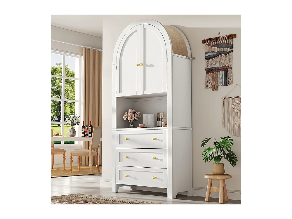 Buffet haut blanc avec tiroirs et portes étagères courbées espace d’exposition ouvert meuble de rangement indépendant moderne