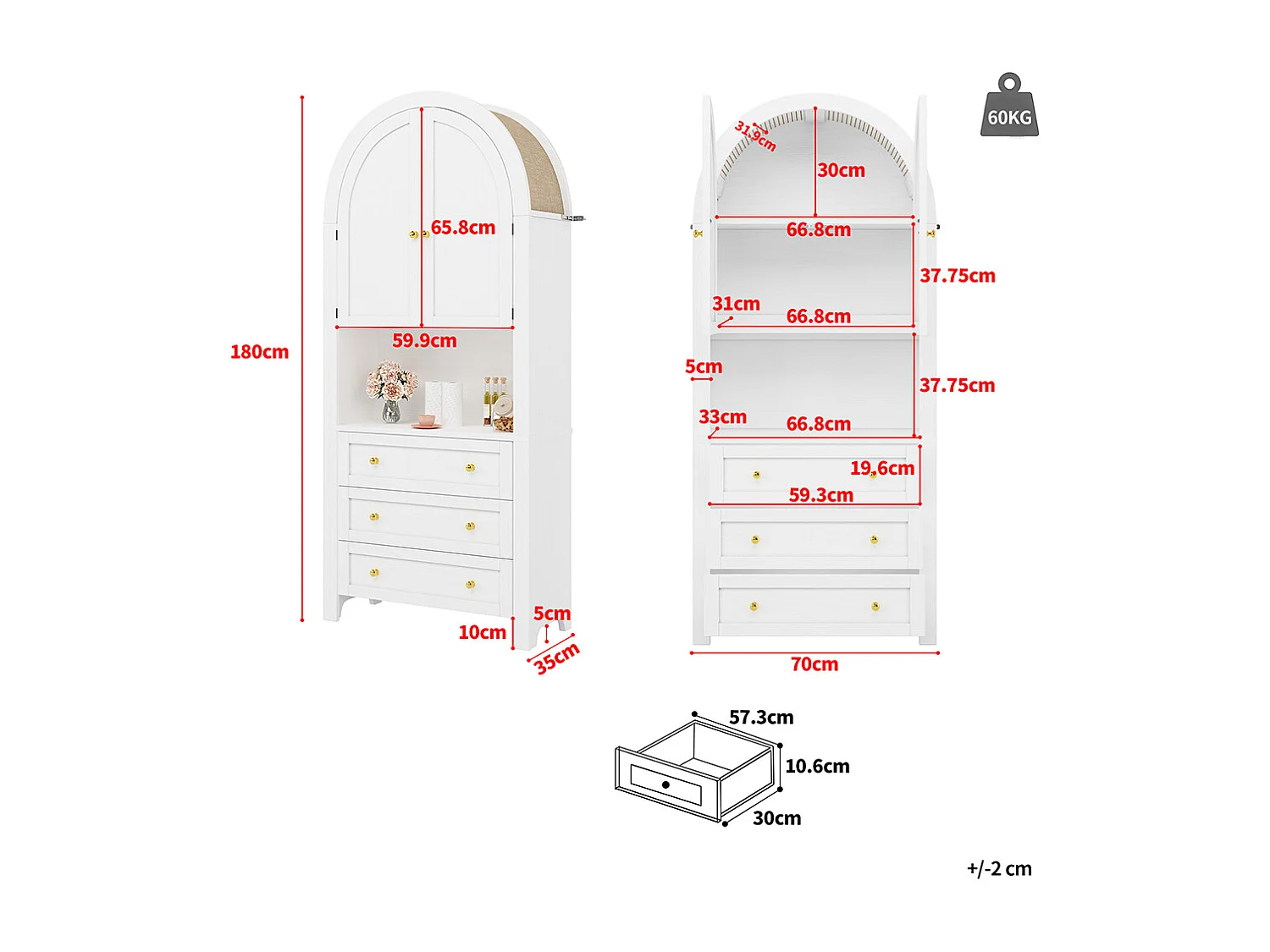 Buffet haut blanc avec tiroirs et portes étagères courbées espace d’exposition ouvert meuble de rangement indépendant moderne