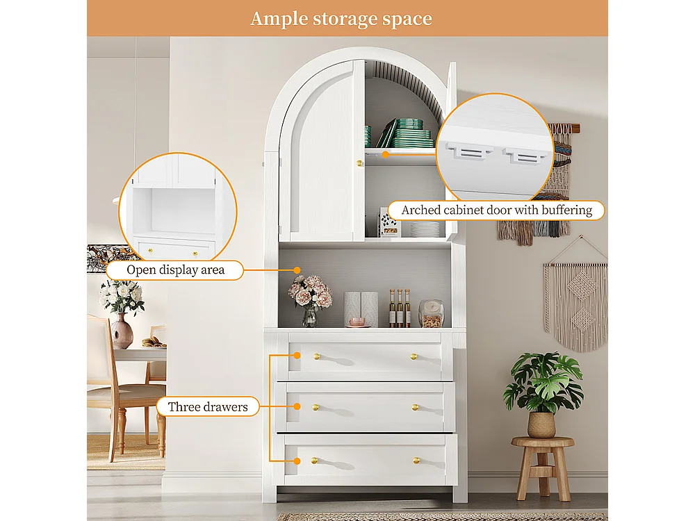 Buffet haut blanc avec tiroirs et portes étagères courbées espace d’exposition ouvert meuble de rangement indépendant moderne