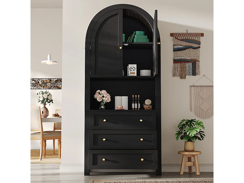 Buffet haut noir avec tiroirs et portes étagères courbées espace d’exposition ouvert meuble de rangement indépendant moderne