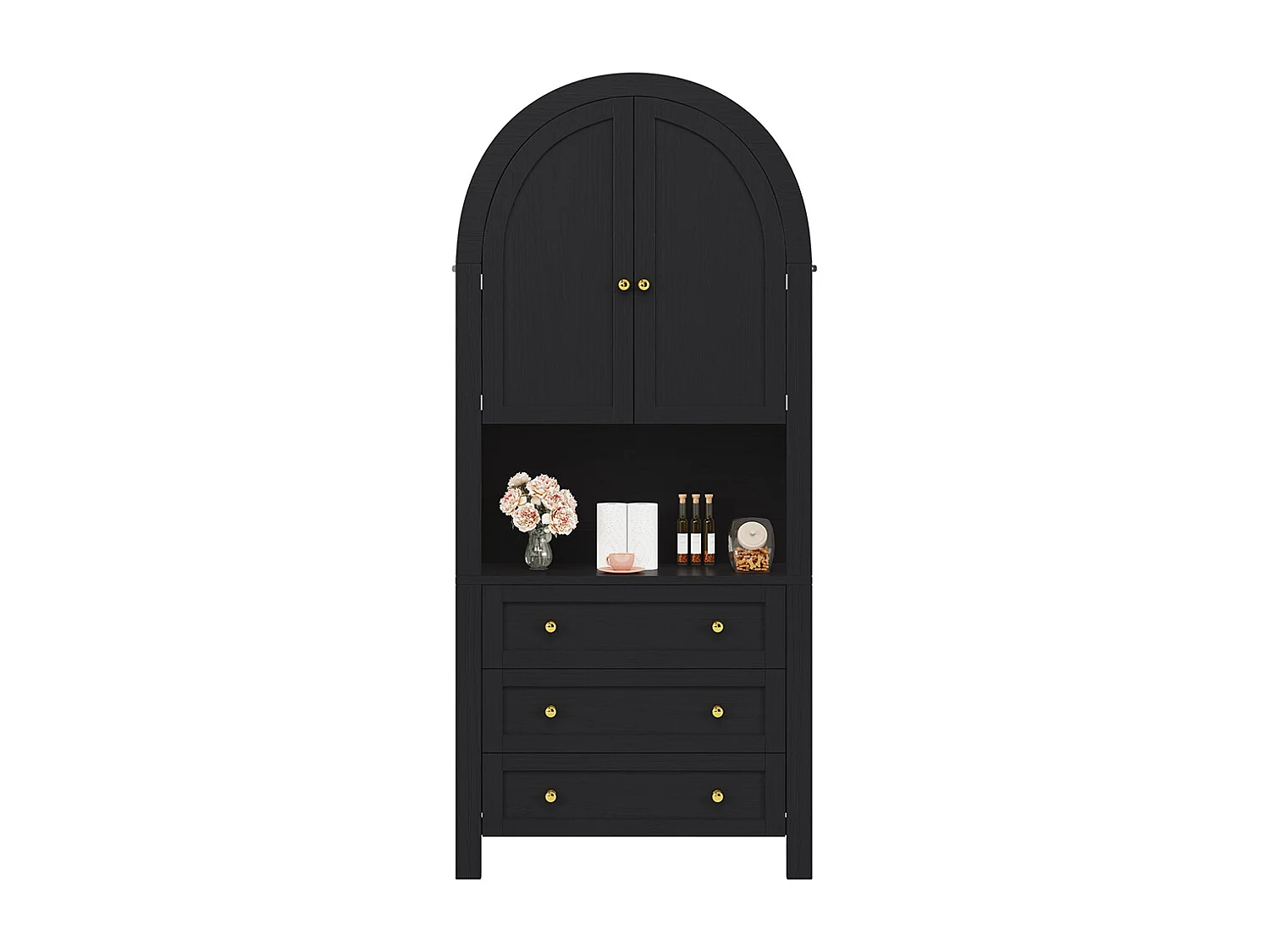 Buffet haut noir avec tiroirs et portes étagères courbées espace d’exposition ouvert meuble de rangement indépendant moderne