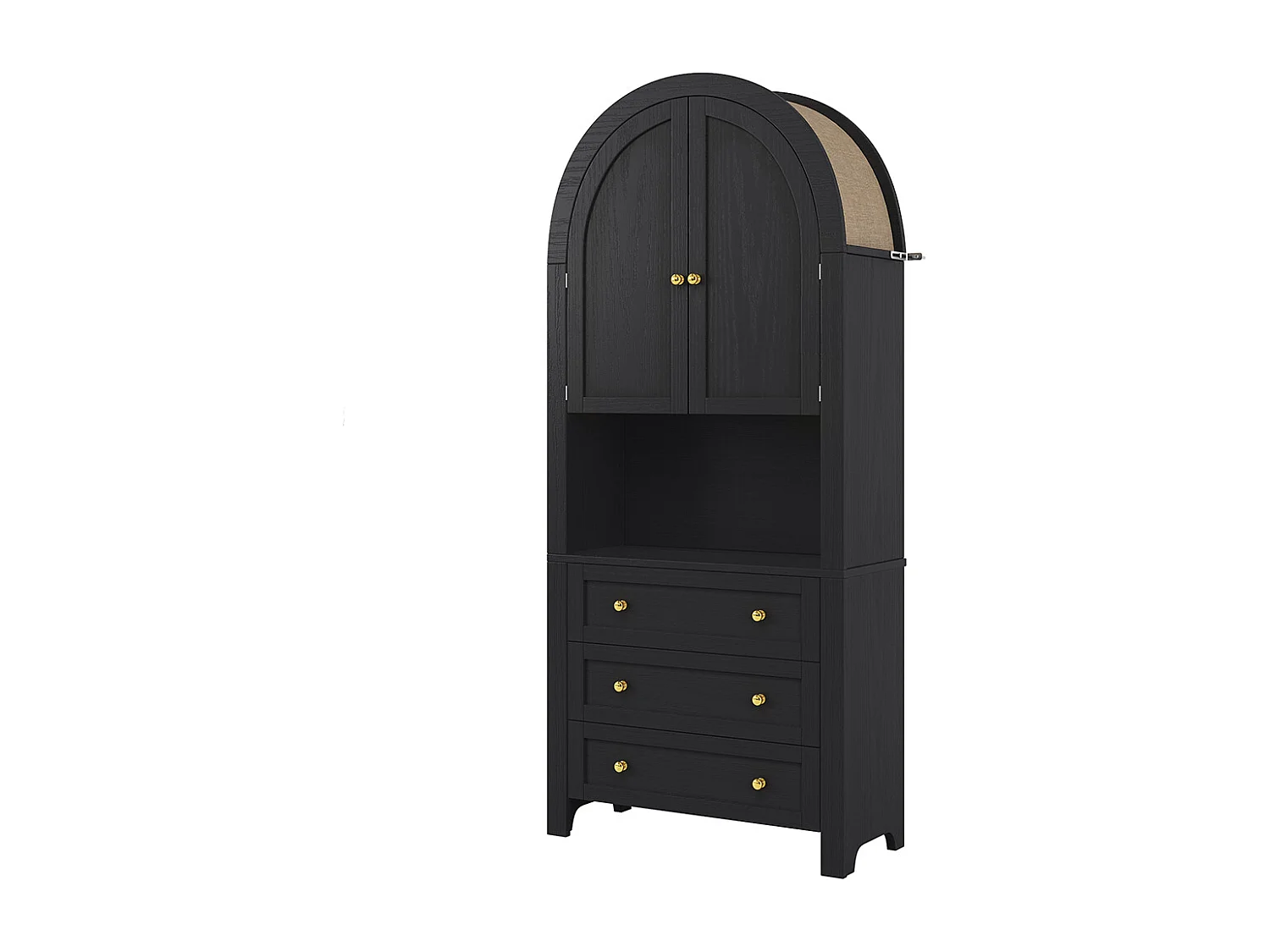 Buffet haut noir avec tiroirs et portes étagères courbées espace d’exposition ouvert meuble de rangement indépendant moderne