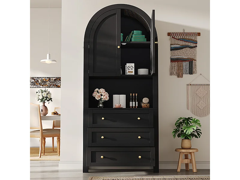 Buffet haut noir avec tiroirs et portes étagères courbées espace d’exposition ouvert meuble de rangement indépendant moderne