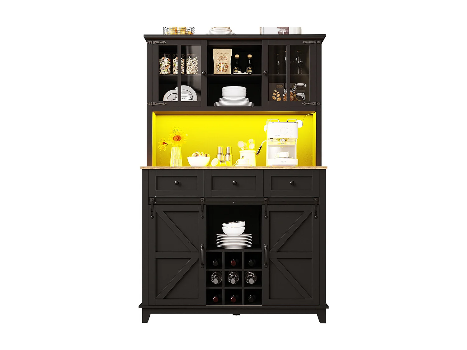 Buffet haut noir vitrine cuisine étagères réglables éclairage LED couleurs variables meuble rangement moderne pratique élégant