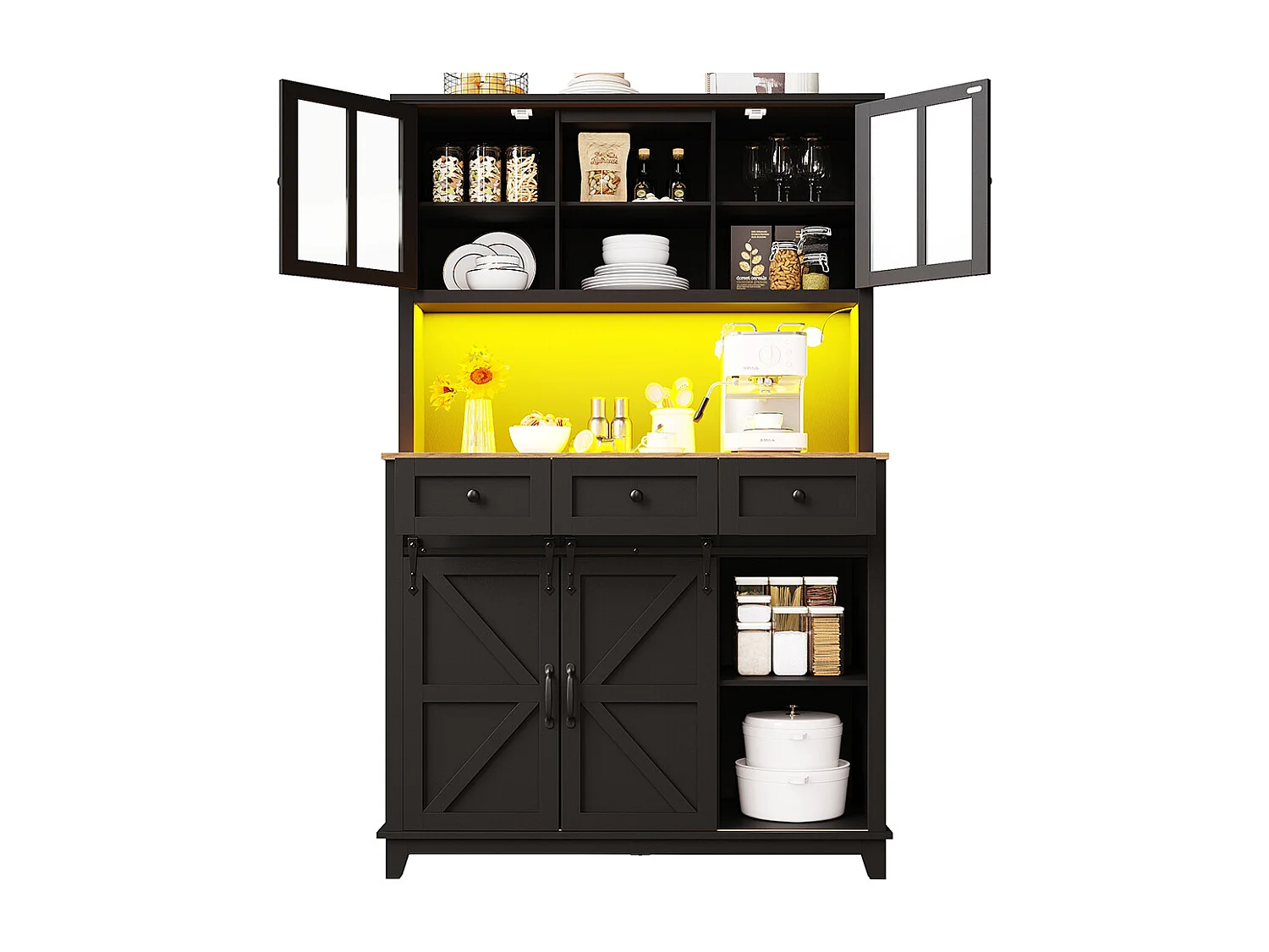 Buffet haut noir vitrine cuisine étagères réglables éclairage LED couleurs variables meuble rangement moderne pratique élégant