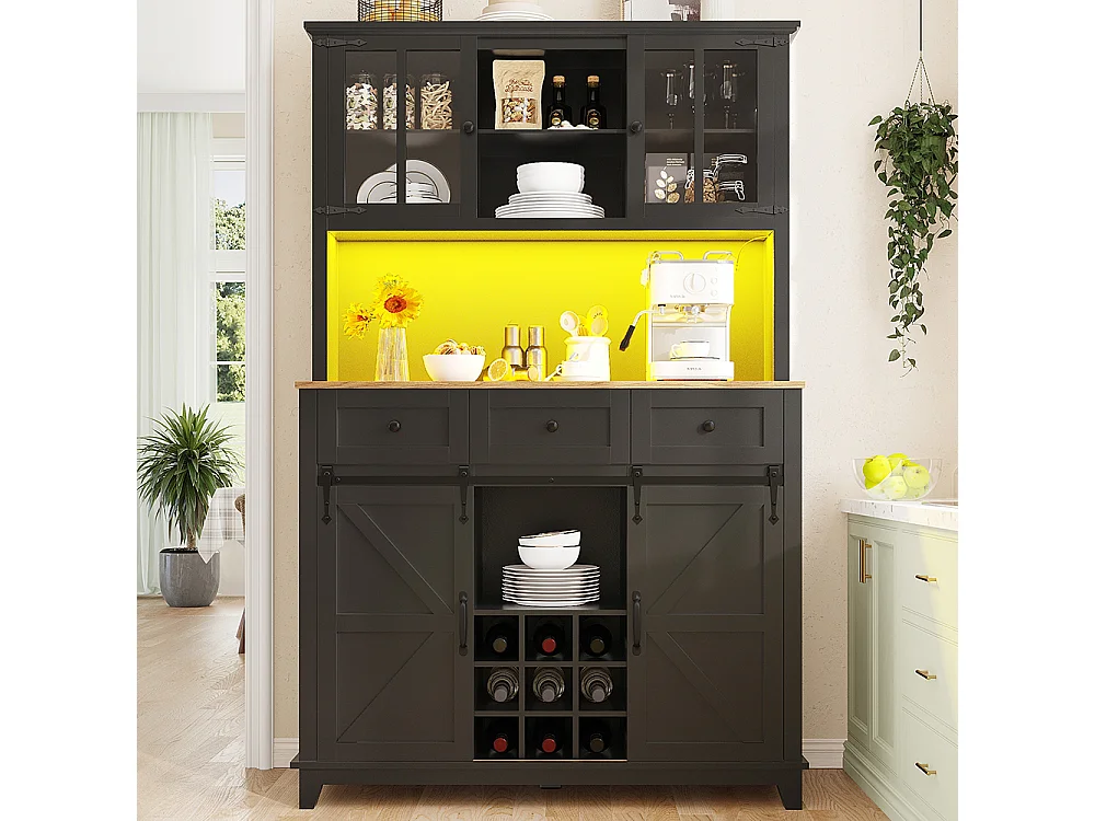 Buffet haut noir vitrine cuisine étagères réglables éclairage LED couleurs variables meuble rangement moderne pratique élégant