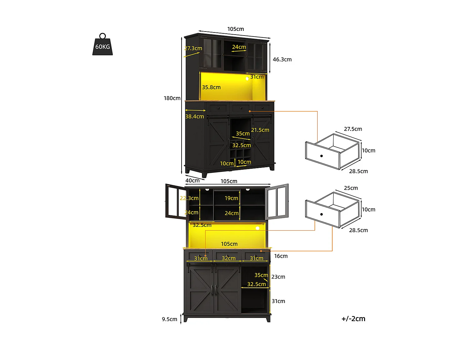 Buffet haut noir vitrine cuisine étagères réglables éclairage LED couleurs variables meuble rangement moderne pratique élégant