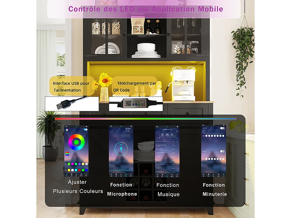 Buffet haut noir vitrine cuisine étagères réglables éclairage LED couleurs variables meuble rangement moderne pratique élégant
