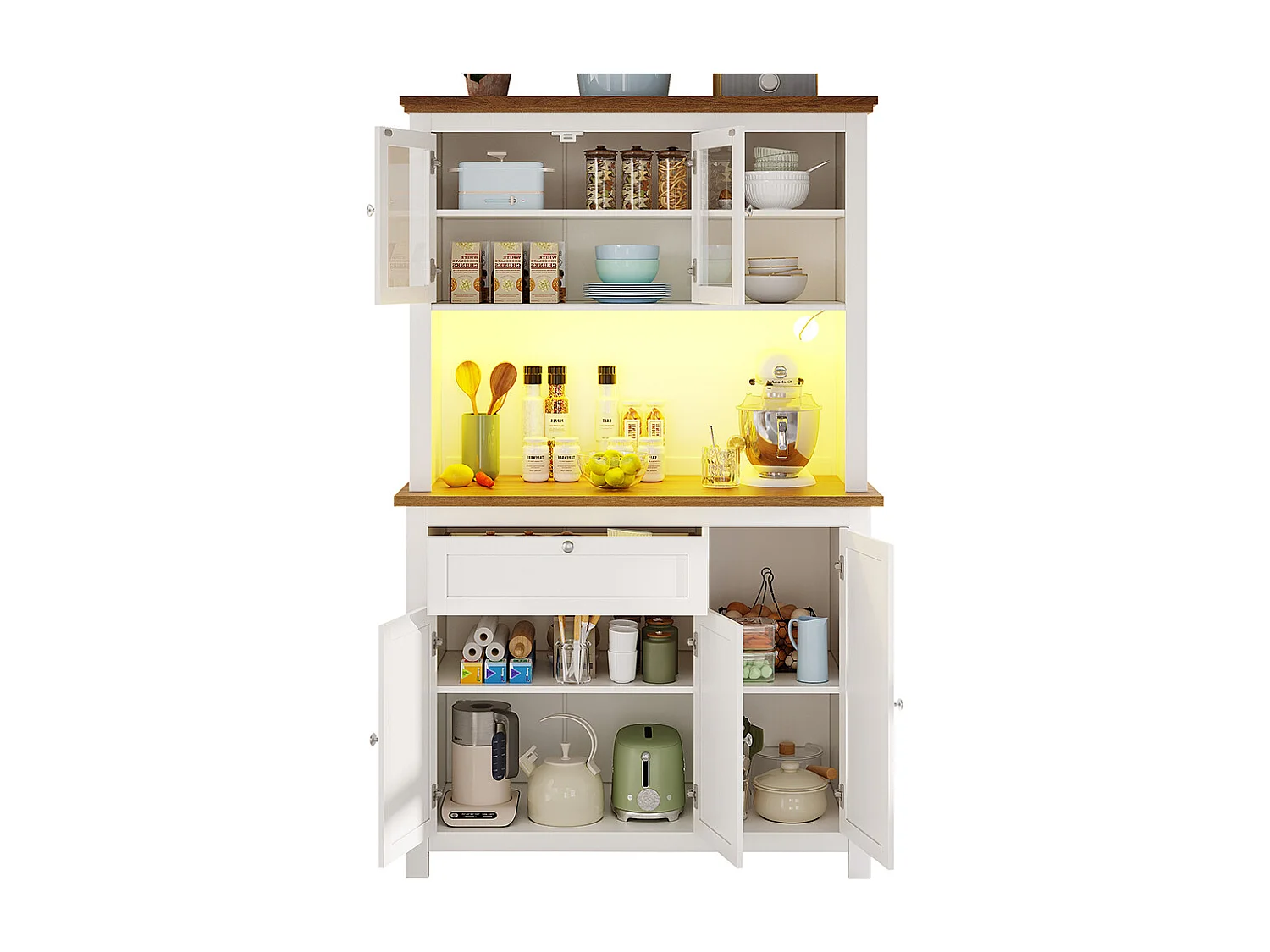 Buffet haut blanc vitrine étagères réglables éclairage LED couleurs variables meuble rangement salon ou cuisine moderne