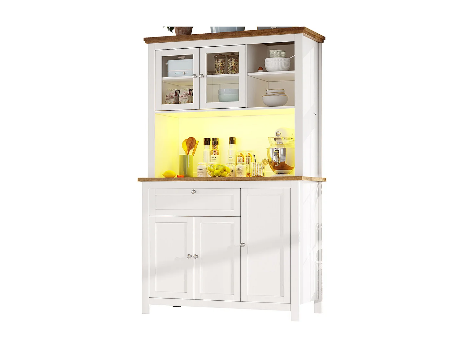 Buffet haut blanc vitrine étagères réglables éclairage LED couleurs variables meuble rangement salon ou cuisine moderne