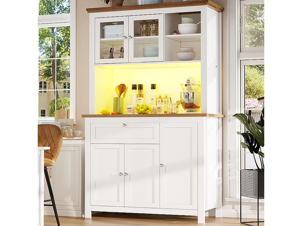 Buffet haut blanc vitrine étagères réglables éclairage LED couleurs variables meuble rangement salon ou cuisine moderne