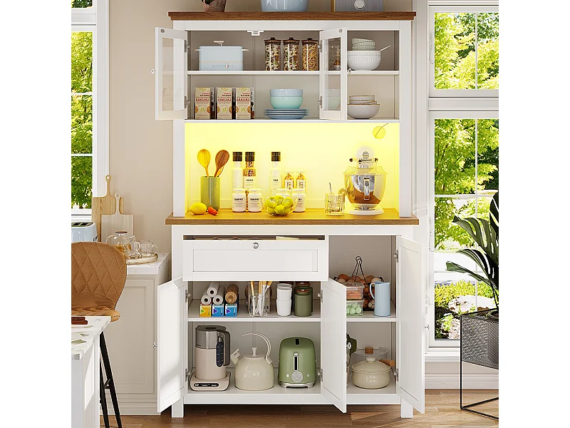 Buffet haut blanc vitrine étagères réglables éclairage LED couleurs variables meuble rangement salon ou cuisine moderne