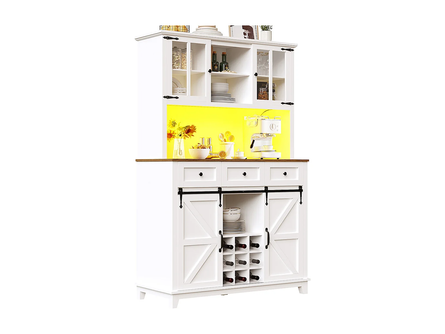 Buffet haut blanc vitrine cuisine étagères réglables éclairage LED couleurs variables meuble rangement moderne pratique élégant