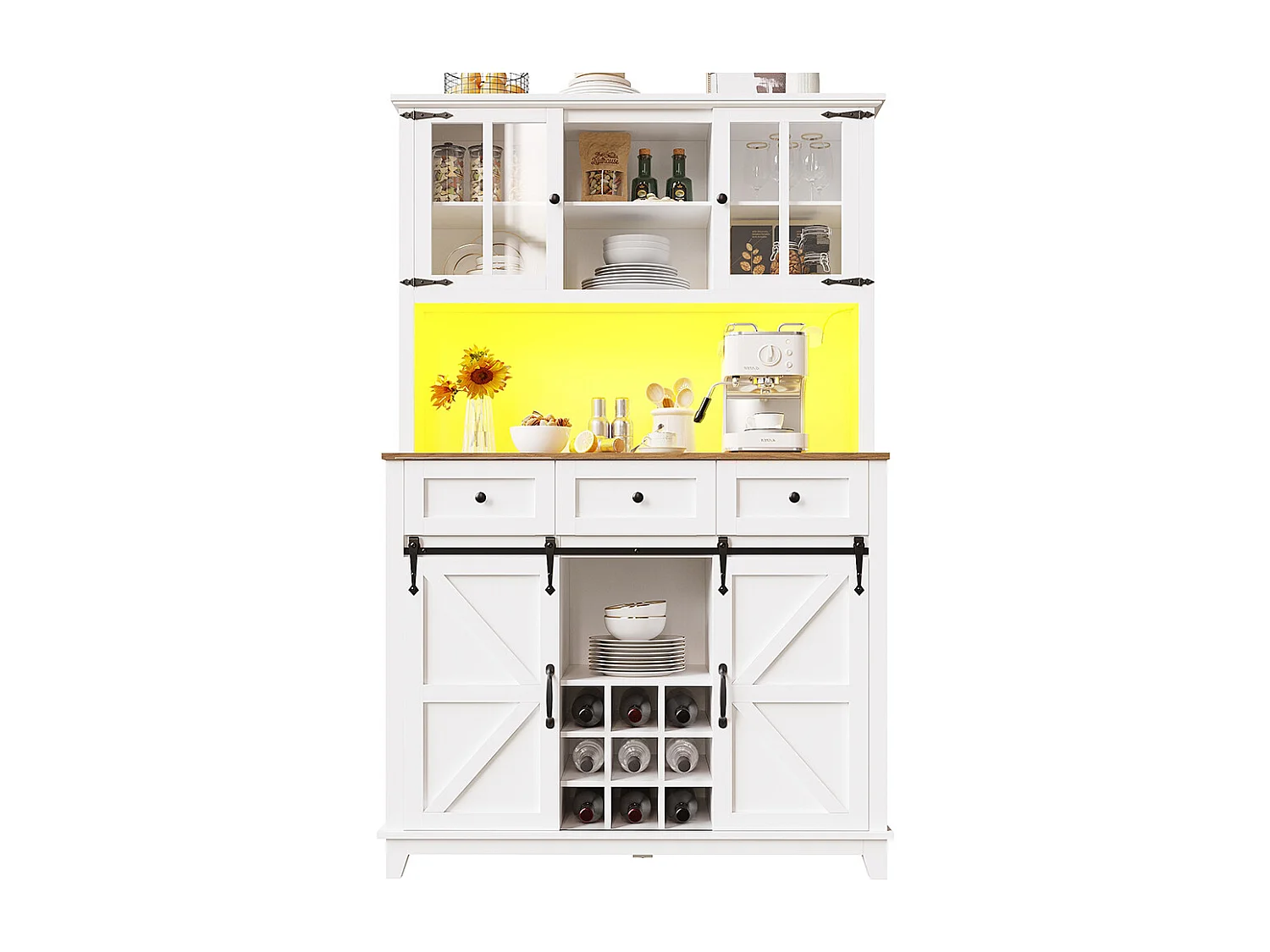 Buffet haut blanc vitrine cuisine étagères réglables éclairage LED couleurs variables meuble rangement moderne pratique élégant