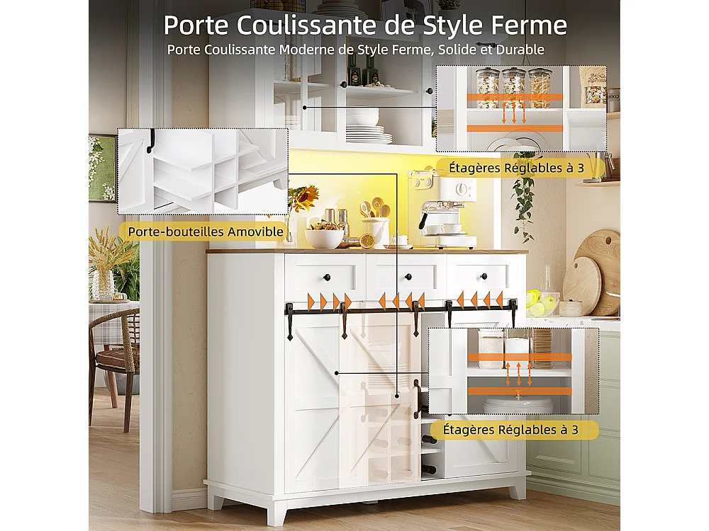 Buffet haut blanc vitrine cuisine étagères réglables éclairage LED couleurs variables meuble rangement moderne pratique élégant