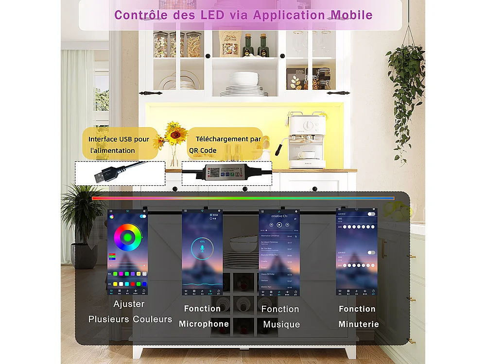 Buffet haut blanc vitrine cuisine étagères réglables éclairage LED couleurs variables meuble rangement moderne pratique élégant