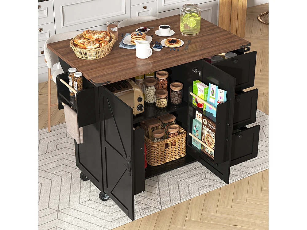 Îlot de cuisine noir avec plan de travail coulissant effet bois 2 portes 3 tiroirs chariot de service et armoire multifonction