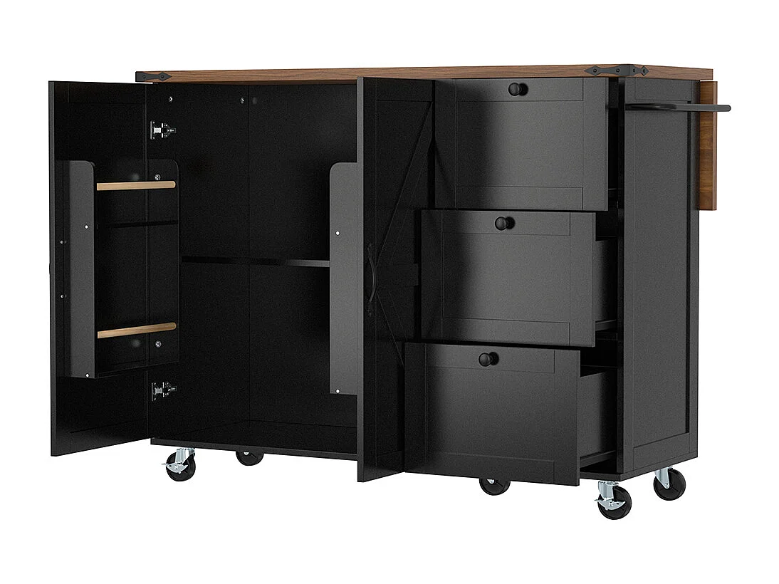 Îlot de cuisine noir avec plan de travail coulissant effet bois 2 portes 3 tiroirs chariot de service et armoire multifonction
