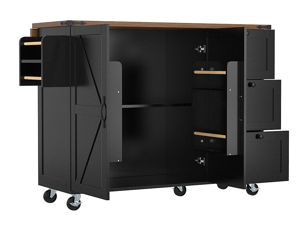 Îlot de cuisine noir avec plan de travail coulissant effet bois 2 portes 3 tiroirs chariot de service et armoire multifonction