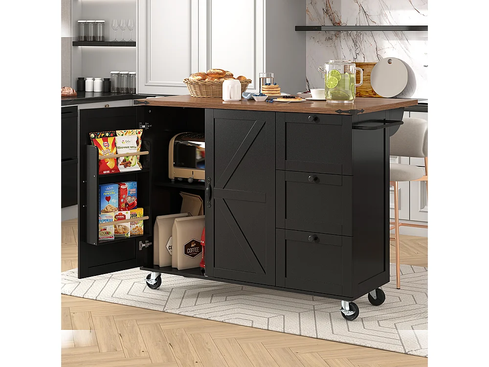 Îlot de cuisine noir avec plan de travail coulissant effet bois 2 portes 3 tiroirs chariot de service et armoire multifonction