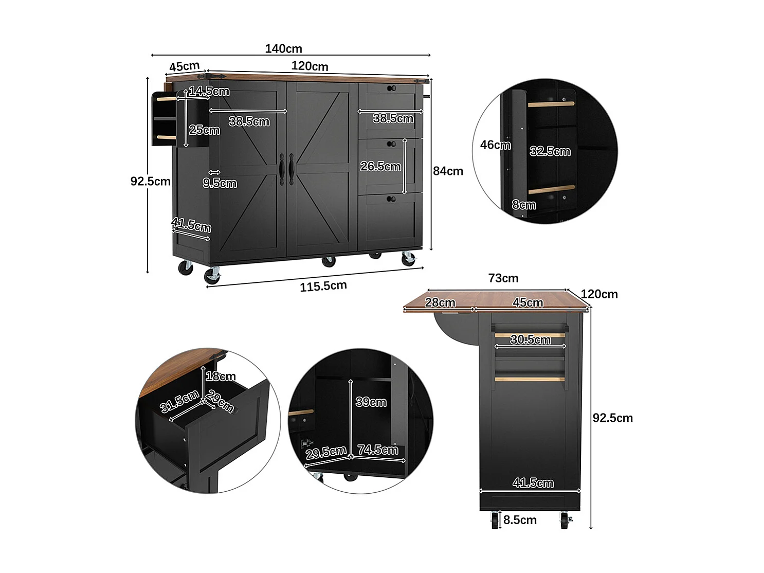 Îlot de cuisine noir avec plan de travail coulissant effet bois 2 portes 3 tiroirs chariot de service et armoire multifonction