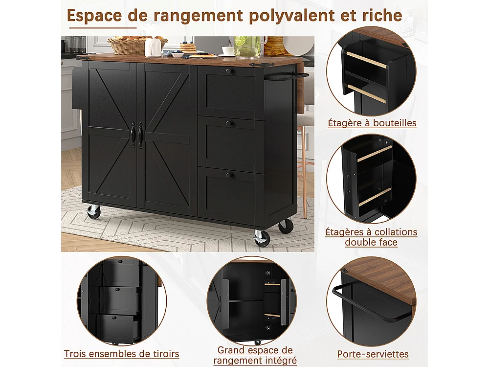 Îlot de cuisine noir avec plan de travail coulissant effet bois 2 portes 3 tiroirs chariot de service et armoire multifonction