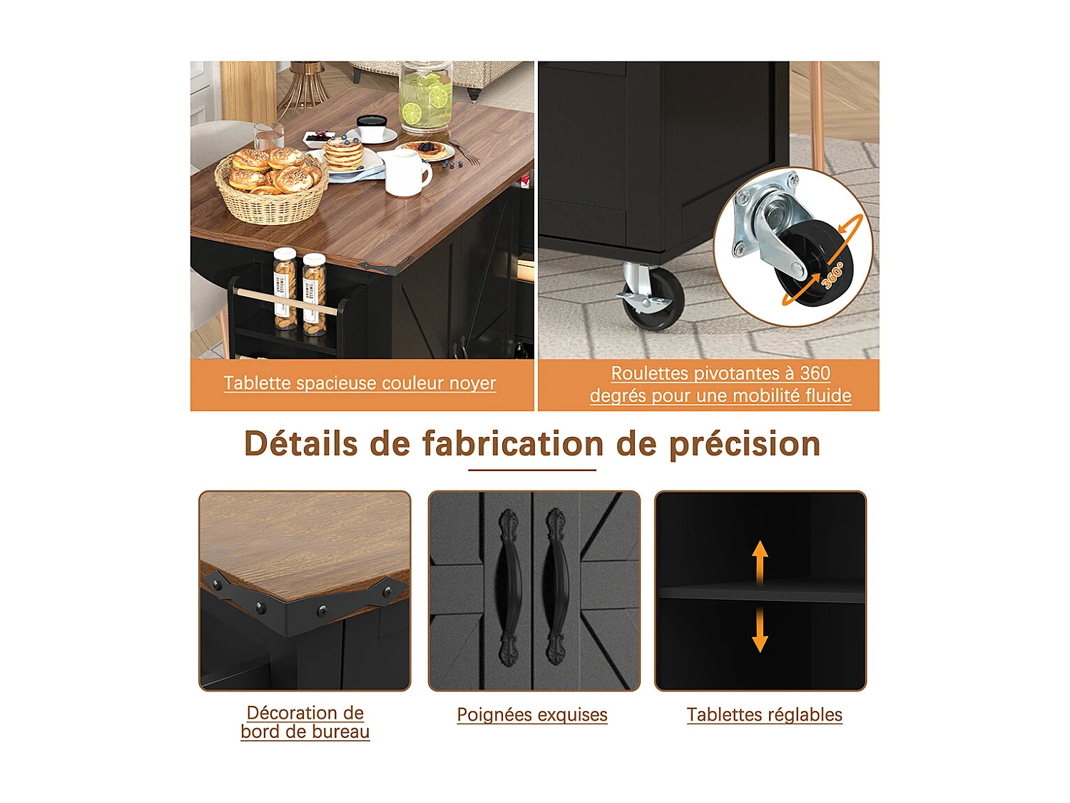 Îlot de cuisine noir avec plan de travail coulissant effet bois 2 portes 3 tiroirs chariot de service et armoire multifonction