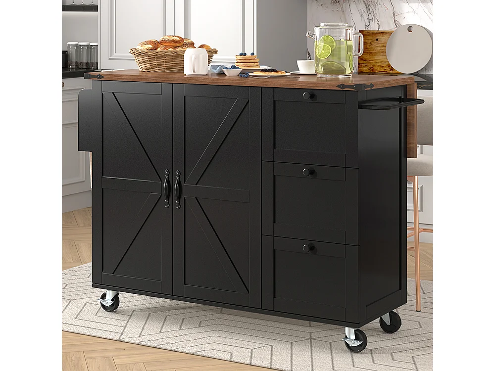 Îlot de cuisine noir avec plan de travail coulissant effet bois 2 portes 3 tiroirs chariot de service et armoire multifonction