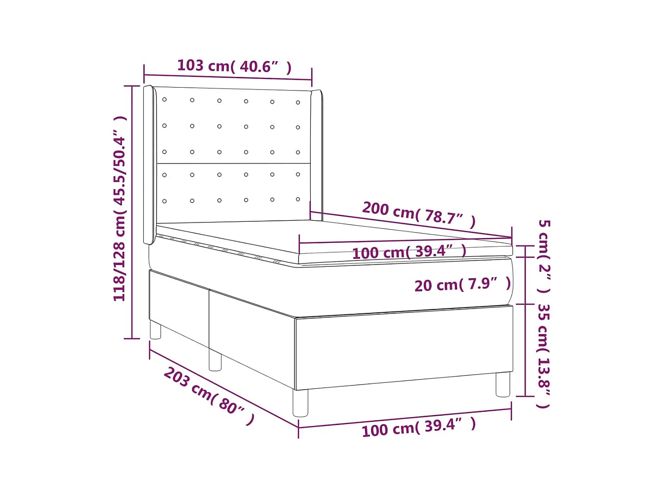 Sommier à lattes de lit matelas et LED Taupe 100x200 cm Tissu