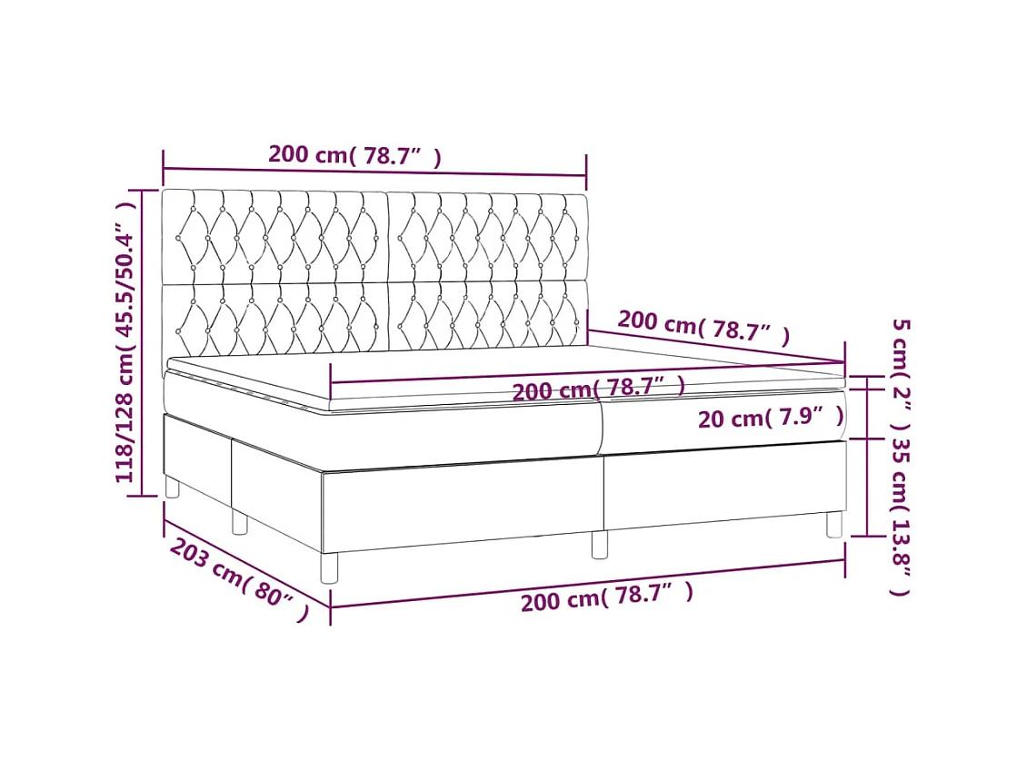 Cama box spring colchão/LED 200x200cm tecido cinza-acastanhado