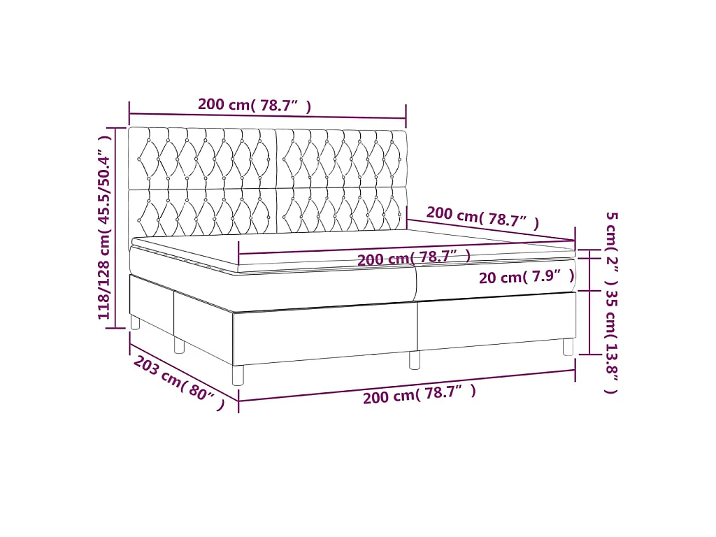 Cama box spring colchão/LED 200x200cm tecido cinza-acastanhado